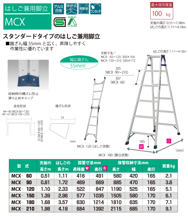 ピカ /Pica はしご兼用脚立 MCX-90 最大使用質量：100kg 天板高さ