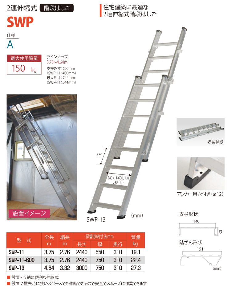 ピカ/Pica 2連伸縮式階段はしご SWP-11-600 最大使用質量：150kg 全長：3.75m