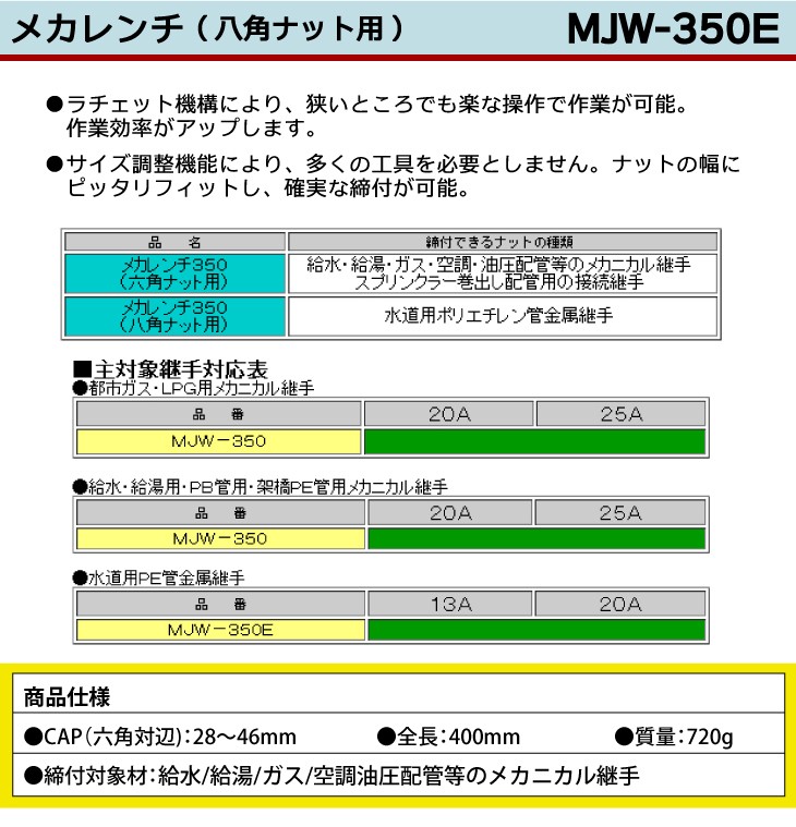 MCC メカレンチ MJW-350E 350mm ラチェット機構 サイズ調整機能 : t73