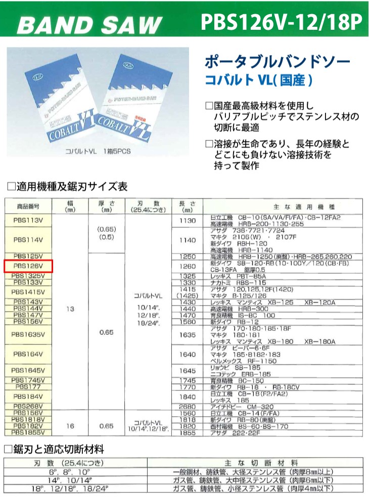 谷口工業 ポータブルバンドソー 5枚入 コバルトVL 国産 長さ：1260mm 刃数：12/18p PBS126V-12/18P 幅13mm  厚さ0.65mm