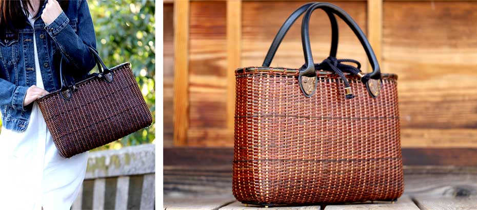 美品　ブラック皮籐かごバッグ 受注オーダー受付中］リネンと紅籐かごバッグ | tetote.com