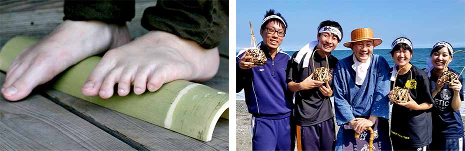 青竹踏みとインターンシップの学生