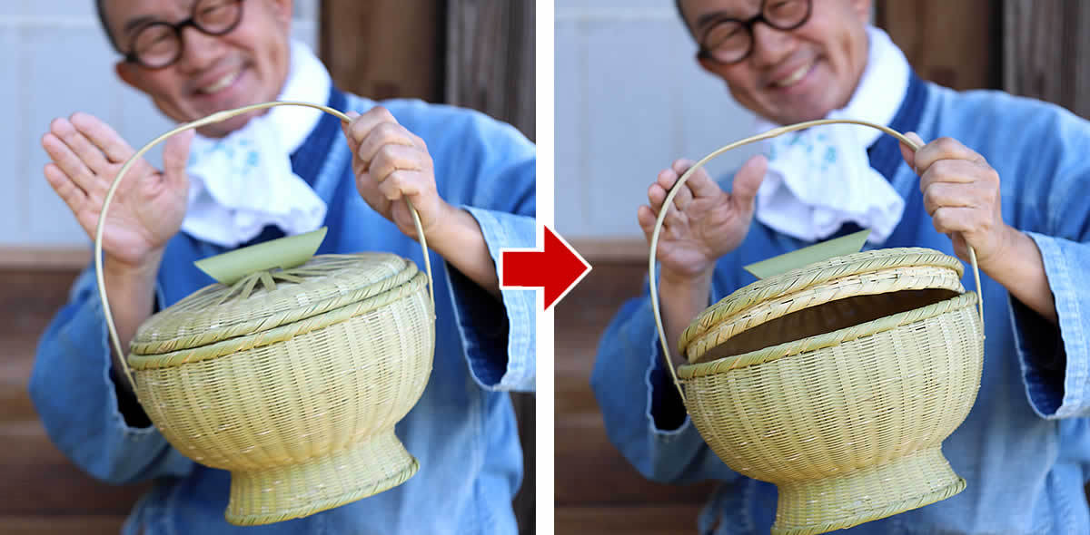 真竹手付き高足飯篭 蓋がカチリと閉まる竹籠編みの達人作 : 虎