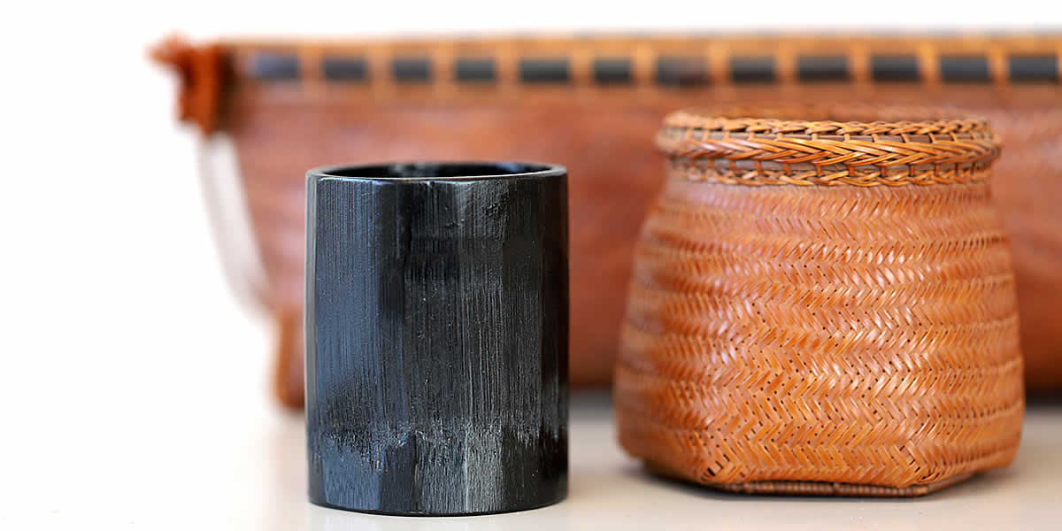 竹清　竹製花器 竹工芸 竹かご 在銘あり「竹清」 渡辺竹清作 煤竹吊り船花篭（Japanese bamboo art by Chikusei