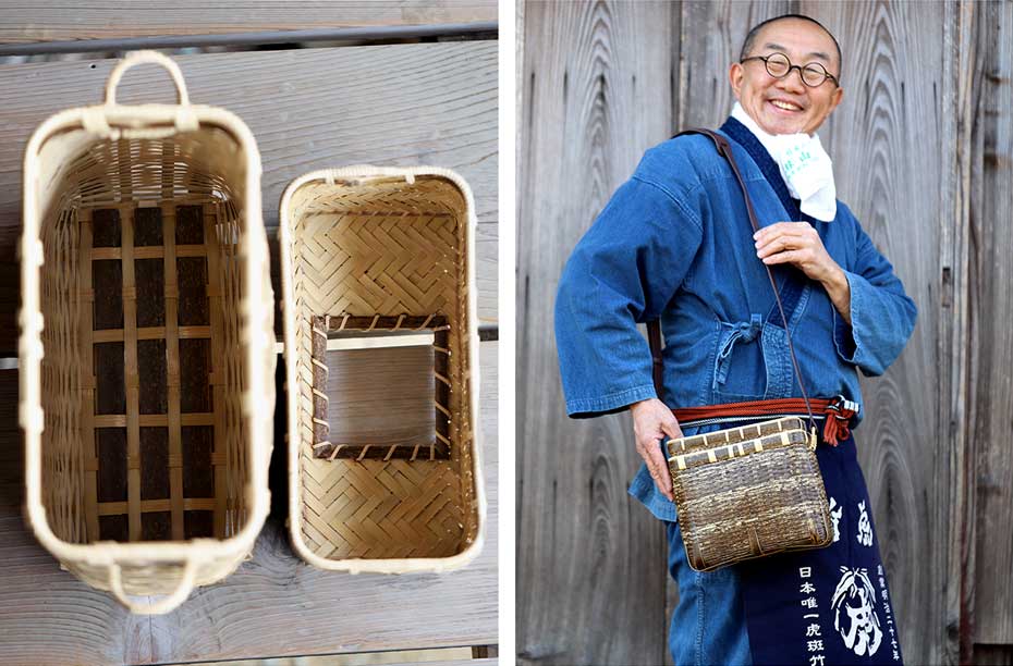 虎竹二段角魚籠（穴開き）名人作の籠を日本唯一の虎竹で復刻 : 虎斑竹