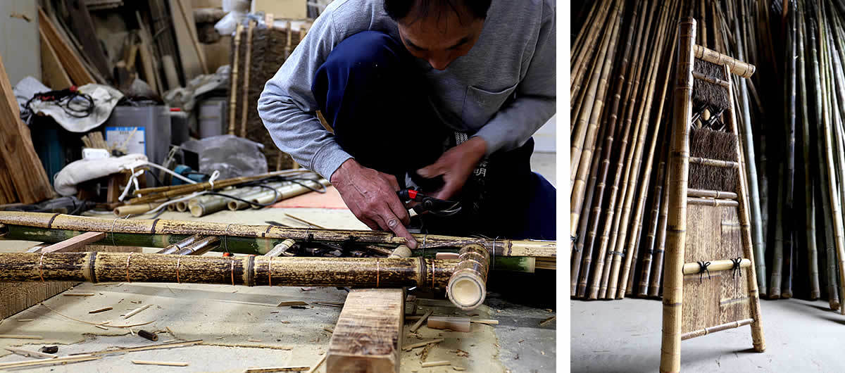 職人が虎竹ミニ屋形垣を作っている写真