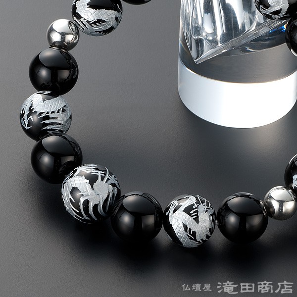 腕輪念珠 数珠 ブレスレット 黒オニキス 龍彫り仕立 12mm : jyu-wa 
