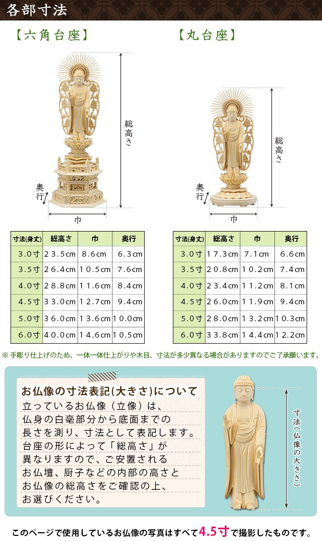 全てのアイテム 京仏壇はやし 仏像 中七肌粉 六角台座 西立弥陀 5寸 高