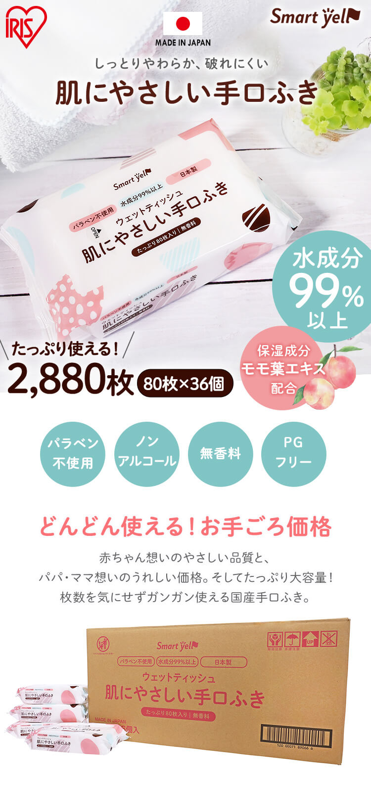 素敵な ウェットティッシュ 手口ふき 日本製 ノンアルコール 36個セット 2880枚：80枚×36個 赤ちゃんの手口ふき コンパクトまとめ買い  大容量