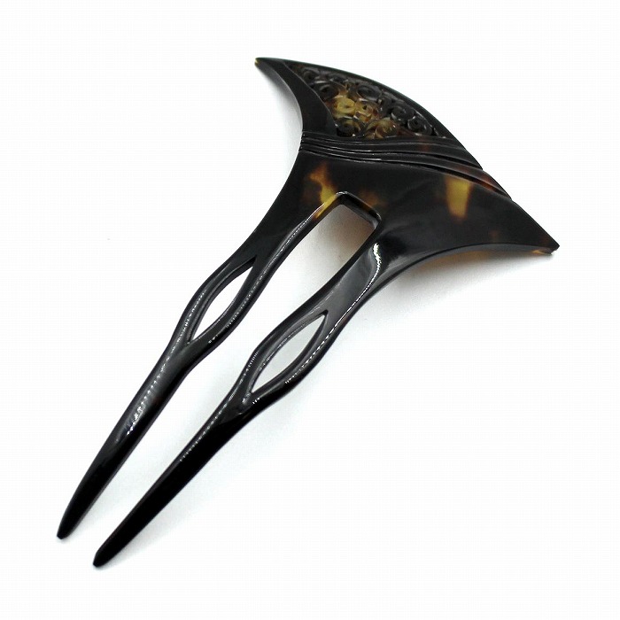 透かし入り 本べっ甲 かんざし 茨布甲 唐草模様 バチ型 二本挿し 簪 桐