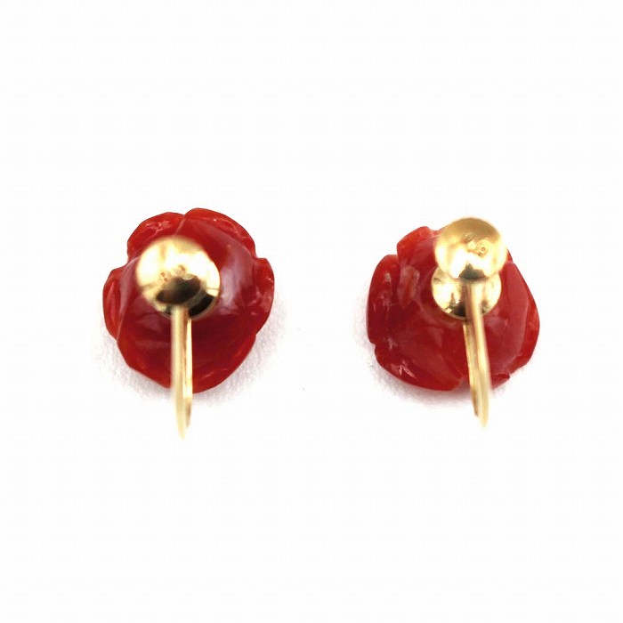 天然赤珊瑚　薔薇彫り　イヤリング　純銀 天然赤珊瑚 薔薇彫り イヤリング 純銀