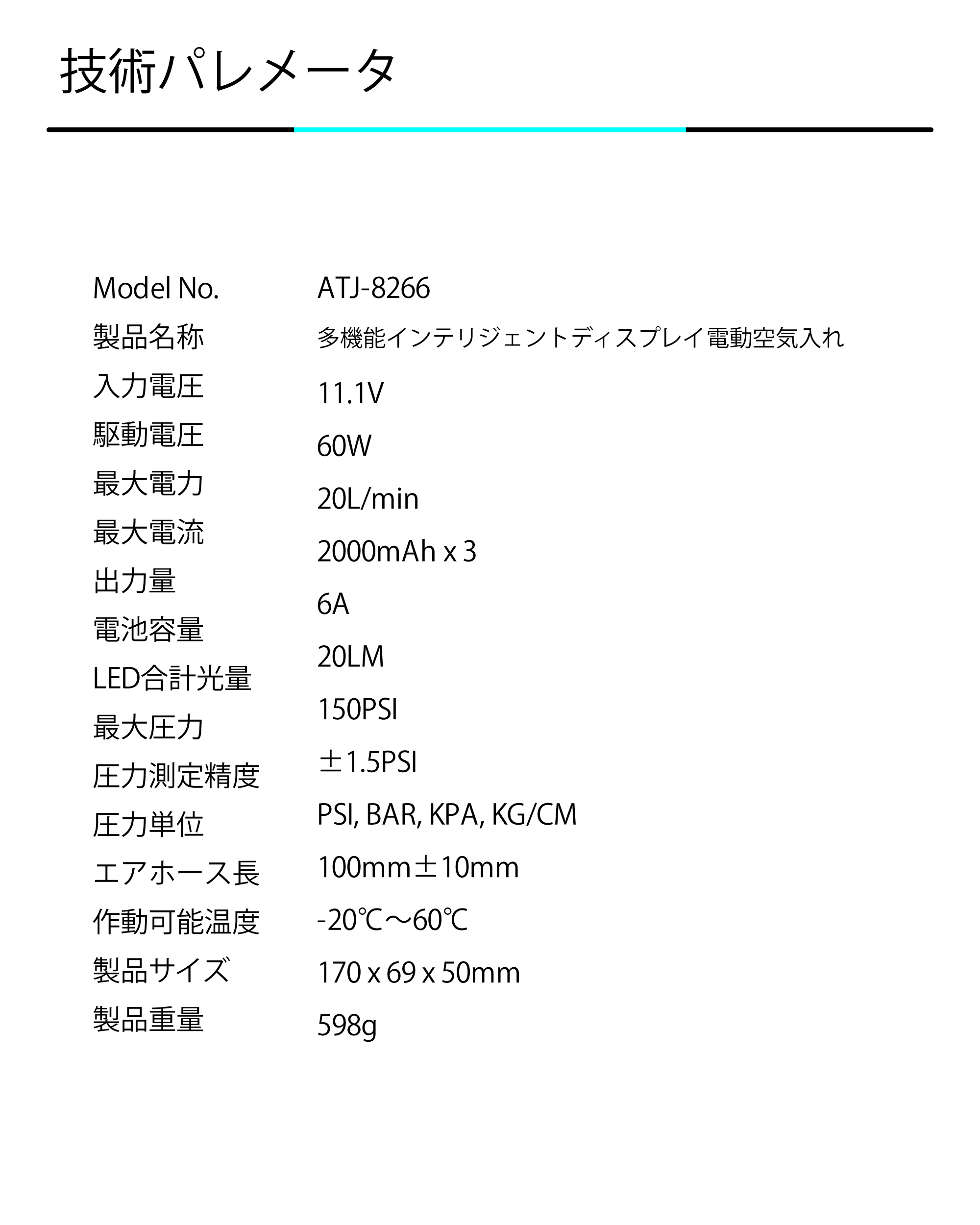 電動空気入れ技術パラメータ