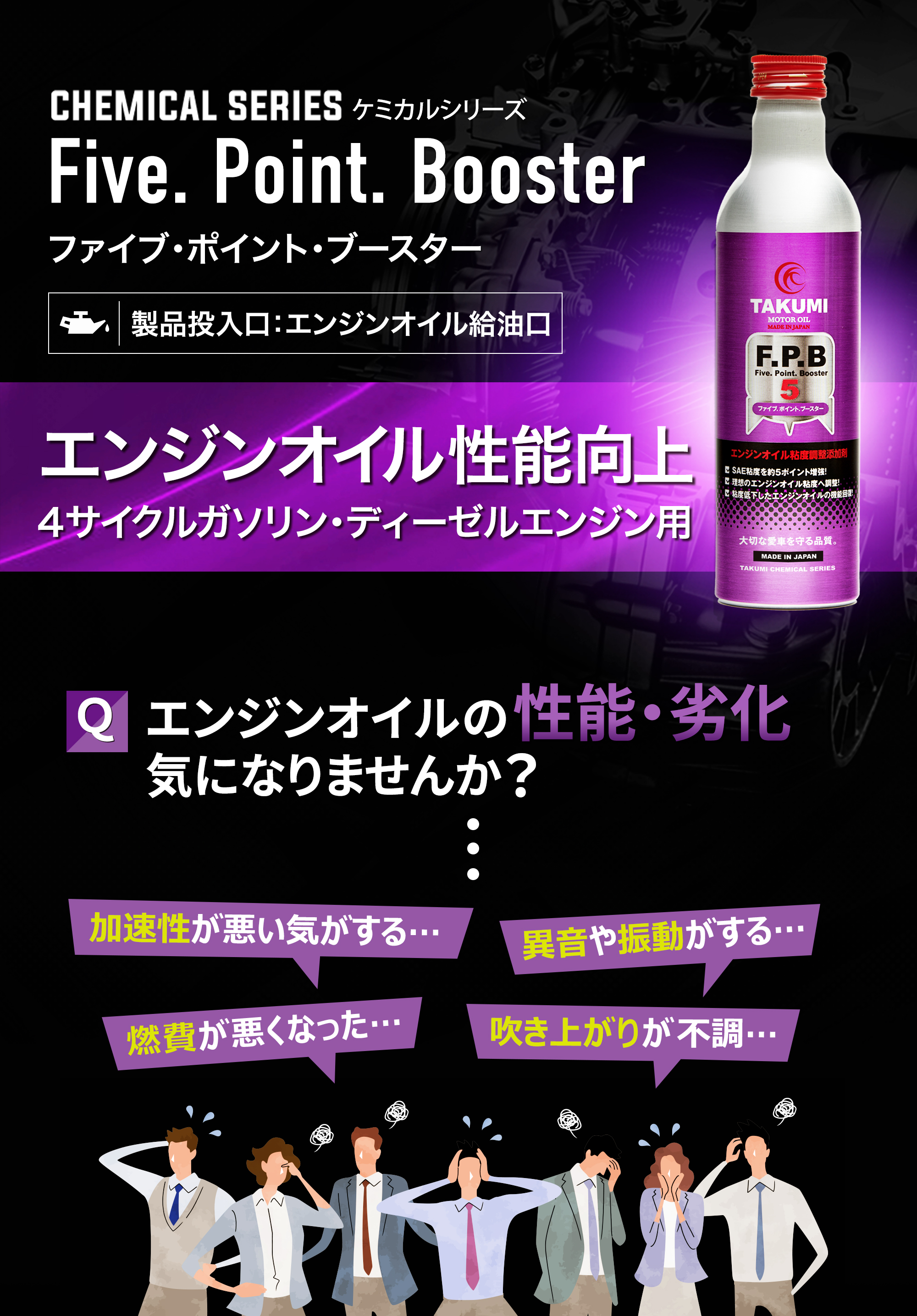 エンジンオイル添加剤、オイル添加剤、性能向上添加剤、エンジンオイルの性能、劣化気になりませんか？