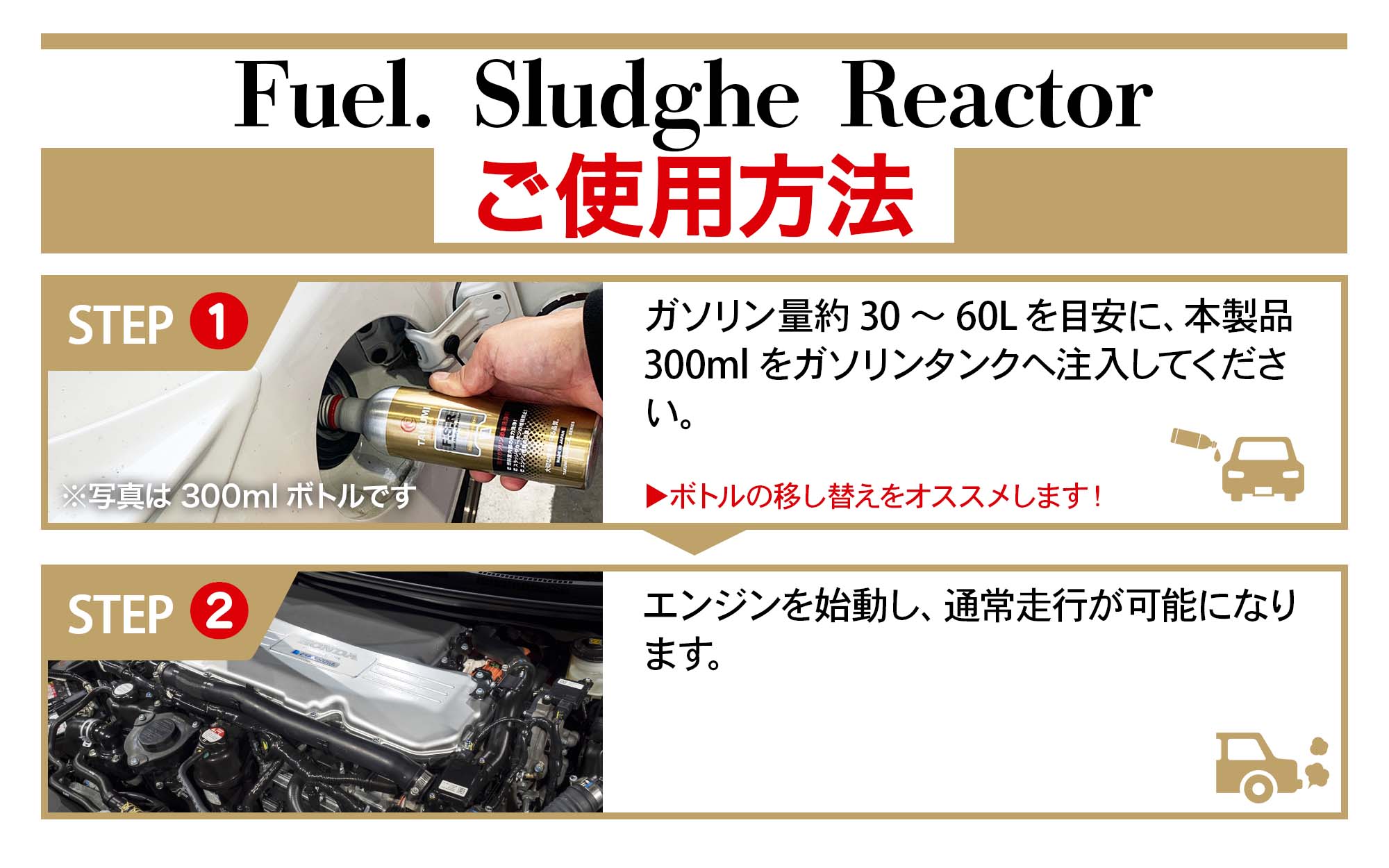 ガソリン量約３０〜６０Ｌを目安に、本製品１本（３００ｍｌ）をガソリンタンクへ注入します。エンジンを始動し、５〜１０分程度アイドリングを行います。通常走行が可能となります。