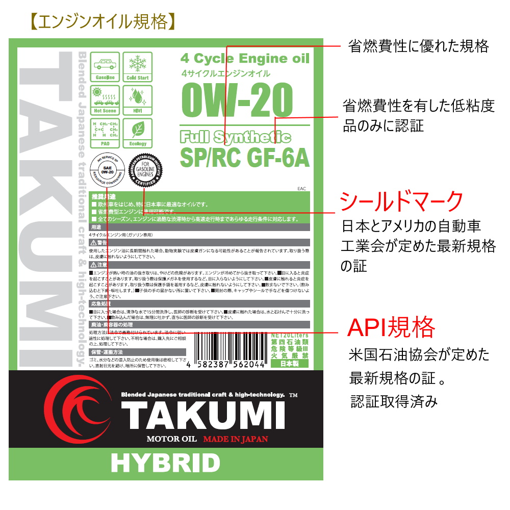 エンジンオイル 20L 0W-20 ガソリン車専用 化学合成油 送料無料 TAKUMI