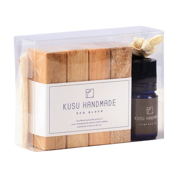 KUSU HANDMADE エコブロック 4個＋オイル5ml＋コットンポーチ 80513-0000297 防虫ブロック楠 くすのき 防虫剤 消臭剤  衣類 タンス 下駄箱 しょうのう :80513-0000297:匠ーTAKUMIー - 通販 - Yahoo!ショッピング