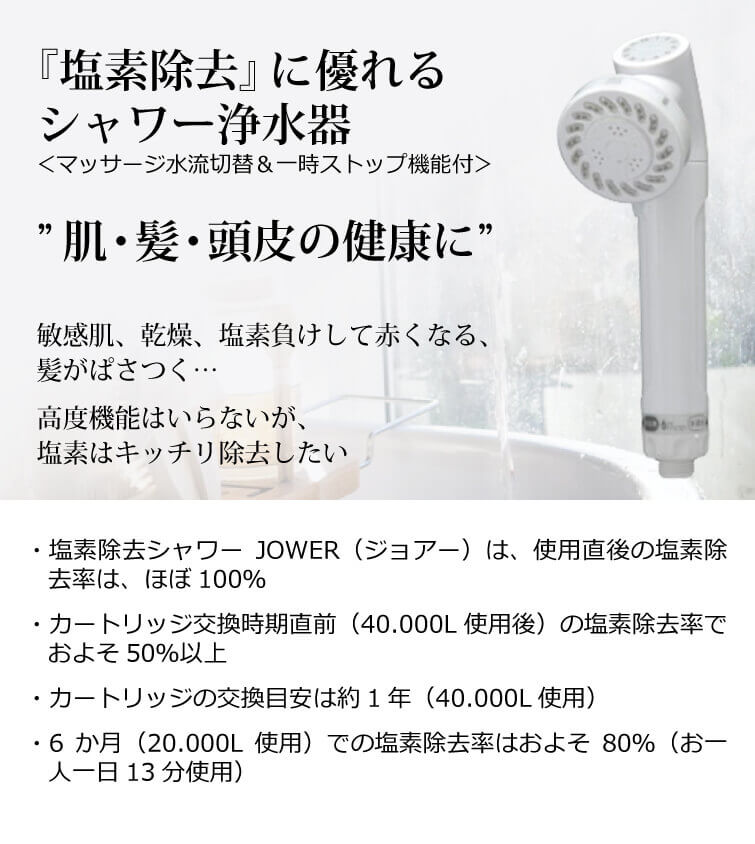 高性能塩素除去シャワーヘッドJOWER（ジョアー） 開始時の除去率約100