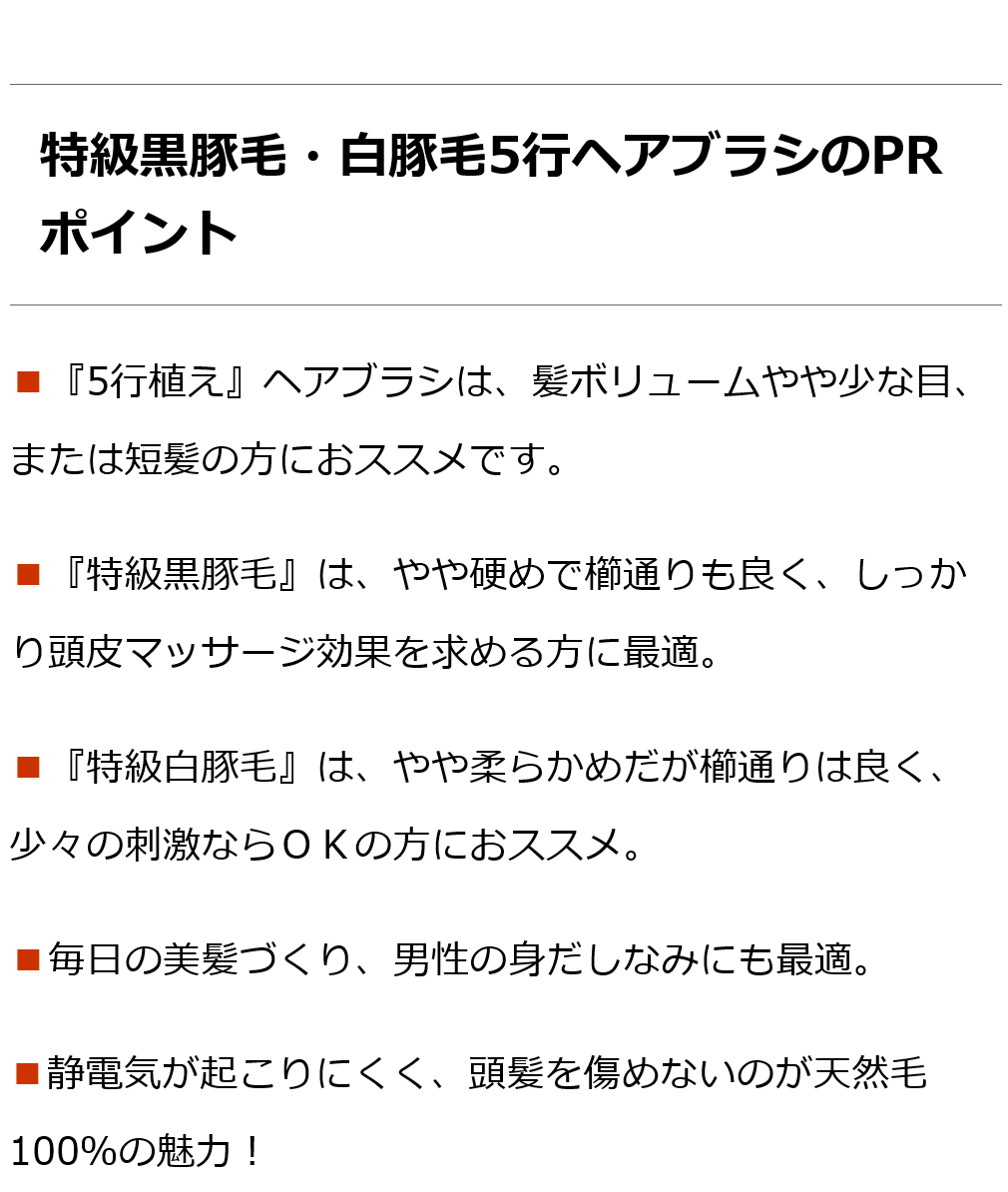 創業300年江戸屋謹製 - 特級黒豚毛5行植えヘアブラシ／特級白豚毛5行植えヘアブラシ 獣毛100％最高級ヘアブラシ ショートヘアまたは髪少なめの方向け  :bi2609:オーガニック無添加 魂の商材屋 - 通販 - Yahoo!ショッピング