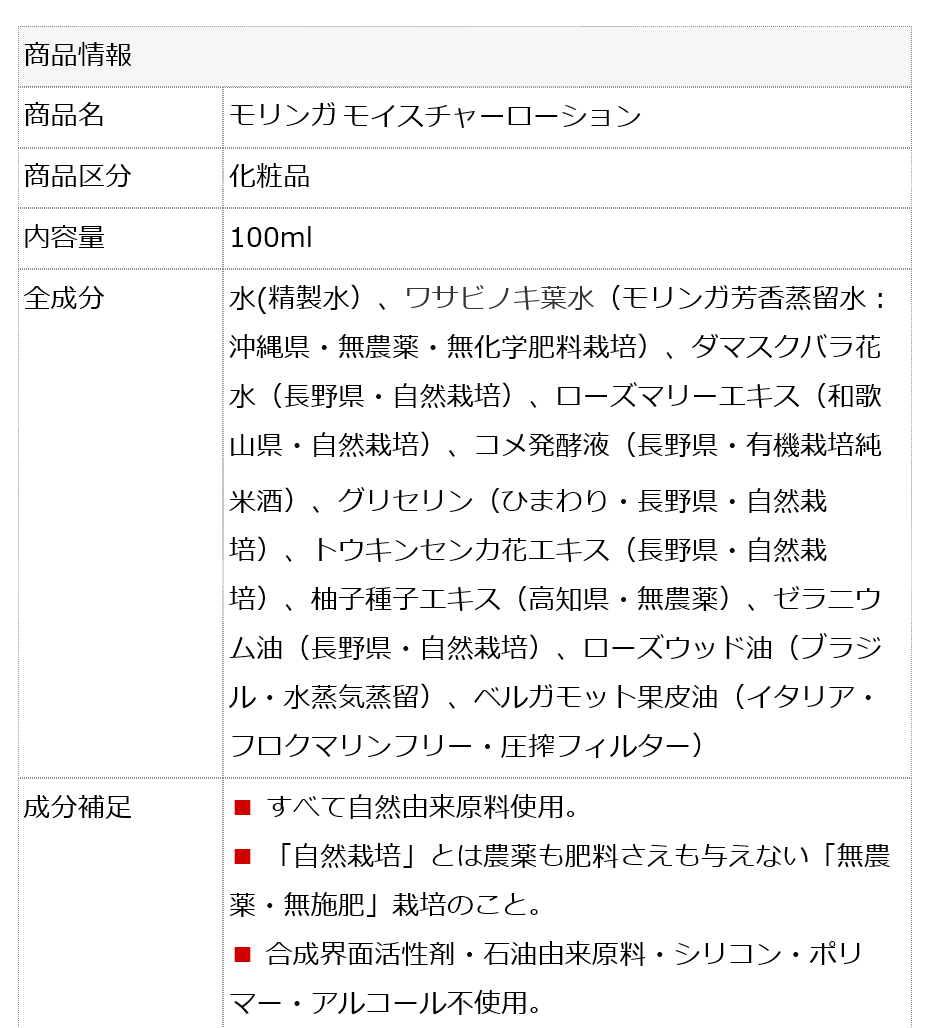 モリンガモイスチャーローション100ml 天然由来100% モリンガ化粧水 コメ発酵液配合 無添加化粧水 オーガニック 界面活性剤不使用化粧水