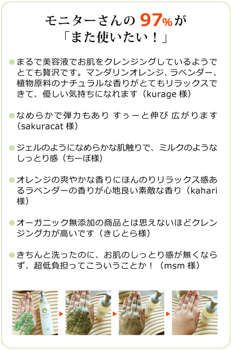 モリンガブライトクレンジングをモニターさんの97%が「また使いたい！」