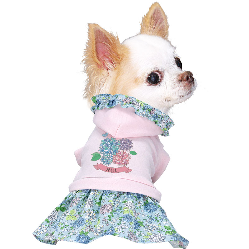 ハンドメイド犬服　あじさい 犬 服 犬の服 春服用 名前入り あじさいワンピース フード