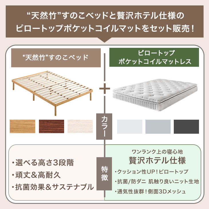 ダブルベッド マットレス付き ピロートップ ポケットコイル 天然竹 ベッド ダブル 3段階 高さ調整 頑丈 すのこベッド 天然竹 ベット マットレス_1