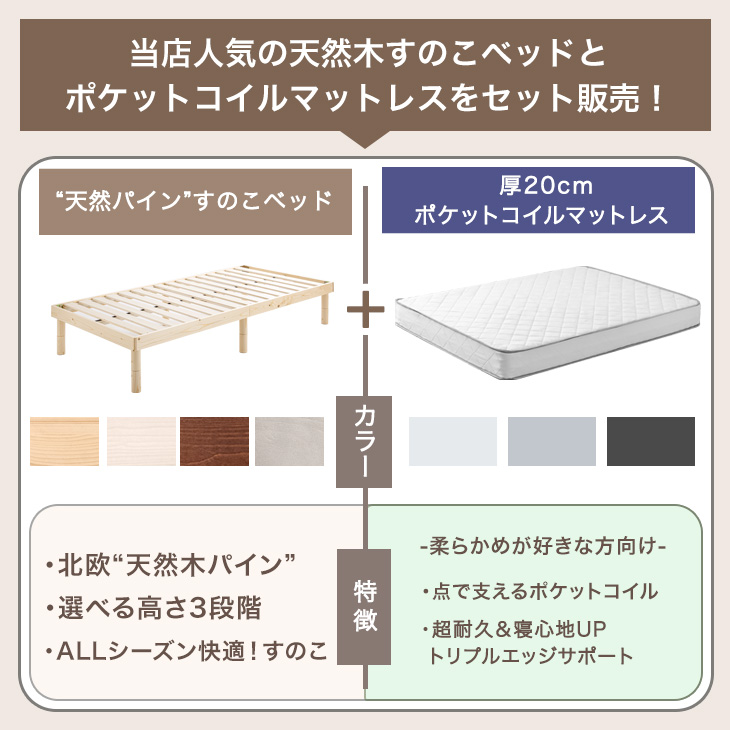 高密度ポケットコイルマットレス付　シングル　ファブリックすのこベッド タンスのゲン ベッド マットレス付き 超高密度 ポケットコイル