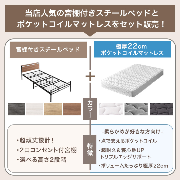 タンスのゲン ベッド マットレス付き 極厚22cm ポケットコイル ダブル