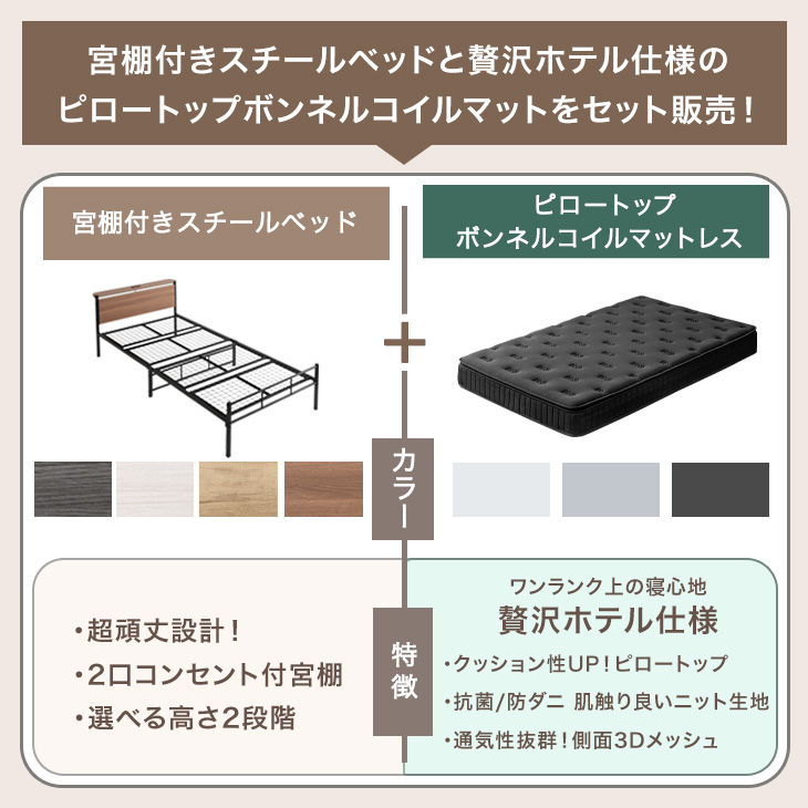 ベッド マットレス付き ピロートップ ボンネル...の詳細画像1