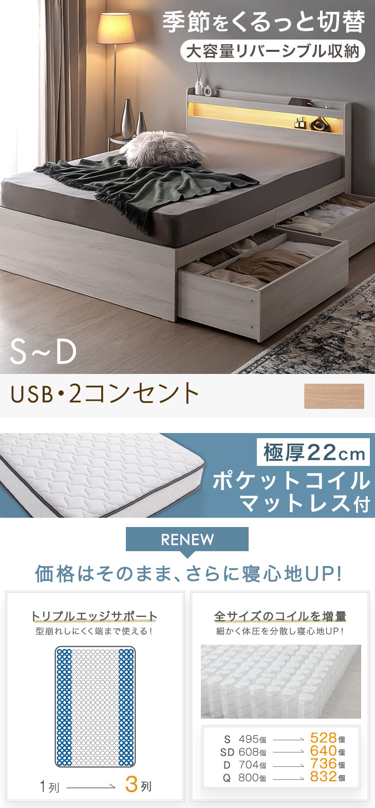 モダンデココ　引き出し収納付きシングルベッド　マットレス タンスのゲン ベッド シングル マットレス付き おしゃれ ライト付き