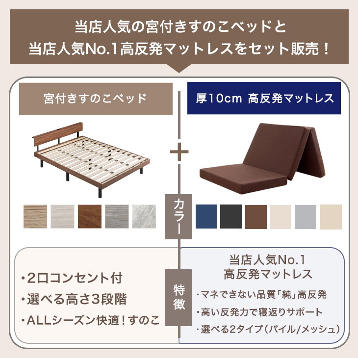 シングルベッド マットレス付 厚10cm 高反発マットレス ベッド 3段階 高さ調整 シングル すのこベッド コンセント付き 宮付き マットレスセット 関連画像1