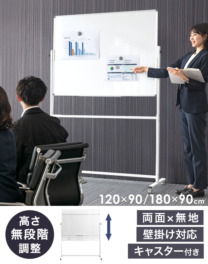 超お得‼　中古　ホワイトボード 移動式 両面 幅180cm 高さ90cm 日本製 移動式ホワイトボード（キャスター脚付き）900×1800