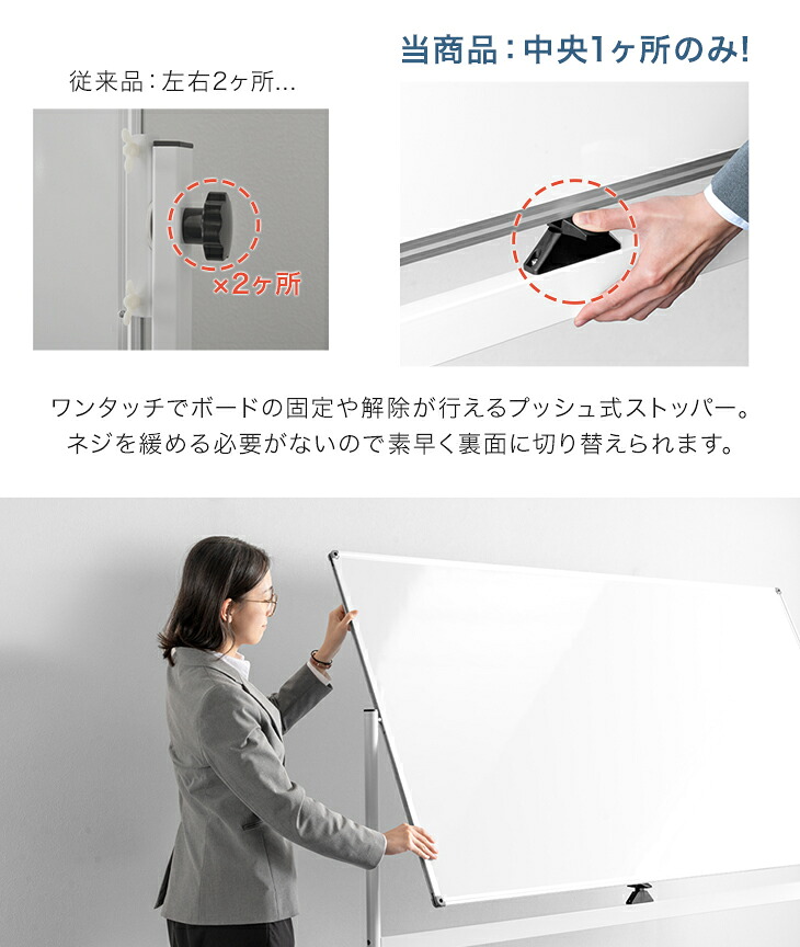 ホワイトボード 壁掛け 180×90 脚付き 高さ調整 キャスター付き 両面