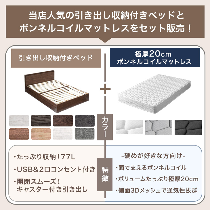 ベッド マットレス付き 極厚20cm ボンネルコイル セミダブルベッド 収納付きベッド セミダブル コンセント付き 収納ベッド ベット マットレスセット 関連画像1