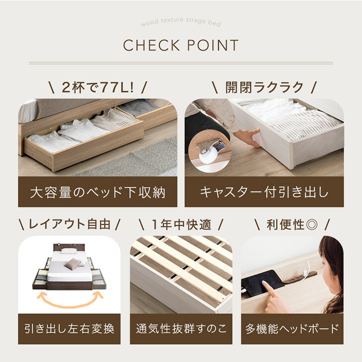 本日+5% ベッド マットレス付き 極厚22cm ポケットコイル シングルベッド 収納付きベッド シングル コンセント付き 収納ベッド ベット マットレスセット 関連画像3