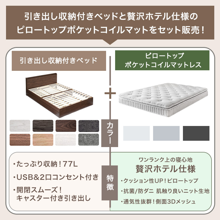 タンスのゲン 本日+5% ベッド マットレス付き ピロートップ ポケット