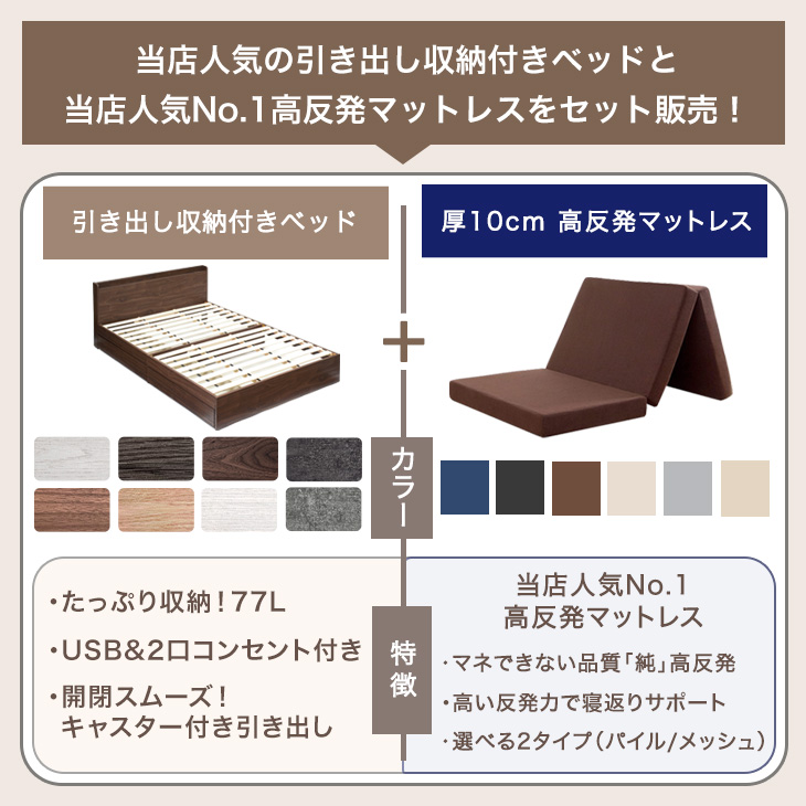 ベッド マットレス付き 厚10cm 高反発マットレス シングルベッド 収納付きベッド シングル コンセント付き 収納ベッド ベット マットレスセット 関連画像1