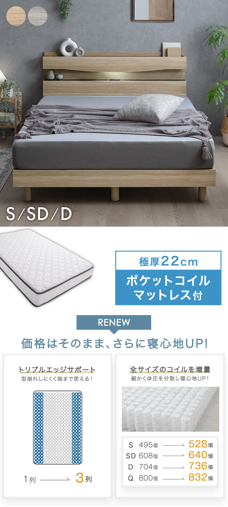 タンスのゲン ベッド マットレス付き シングル ライト付き 収納 高反発