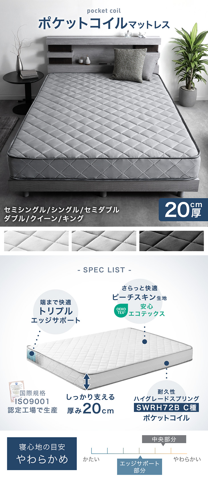 タンスのゲン マットレス クイーン 20cm厚 ポケットコイル コイル