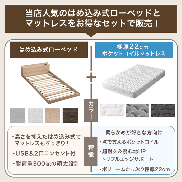 ベッド マットレス付き 極厚22cm ポケットコイル セミダブルベッド ローベッド セミダブル コンセント付き ロー ベット マットレスセット すのこ usb 関連画像1