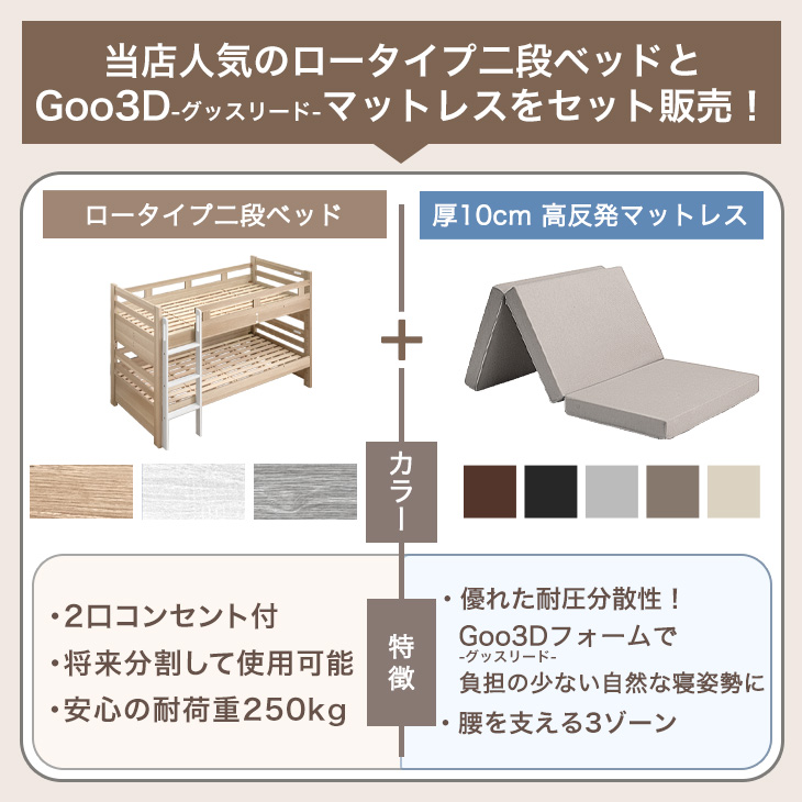二段ベッド マットレス付き 高反発 マットレスセット 宮付き 2段ベッド 子供 マット付き ロータイプ コンセント 分離 分割可能 2段ベット 超大型 関連画像1