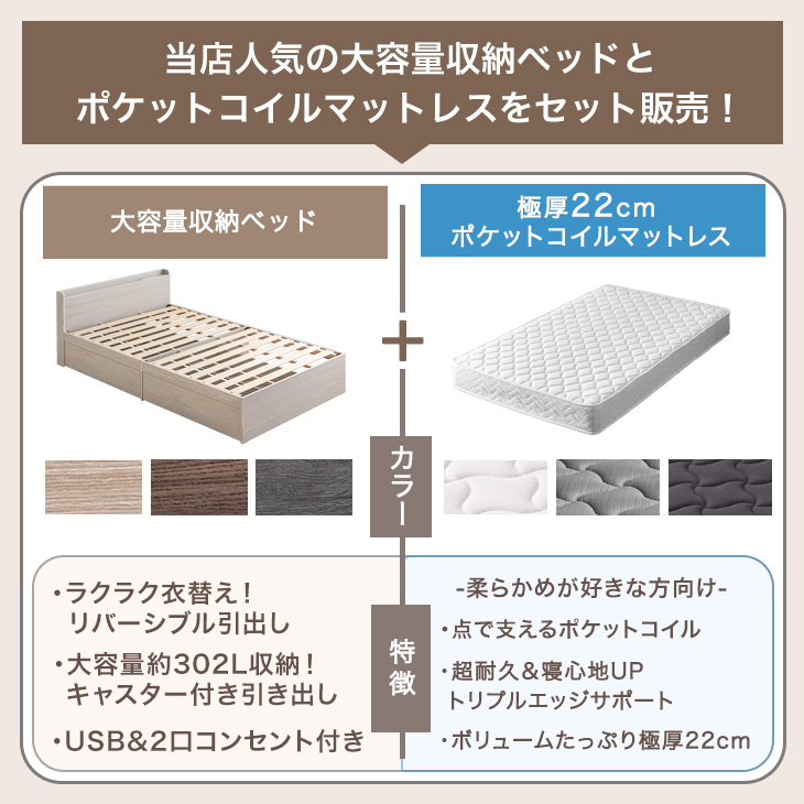 収納付きダブルベット　マットレス付き  コンセント2個・ライト・収納2個 タンスのゲン ベッド ダブル 収納 マットレス付き ダブルベッド 棚