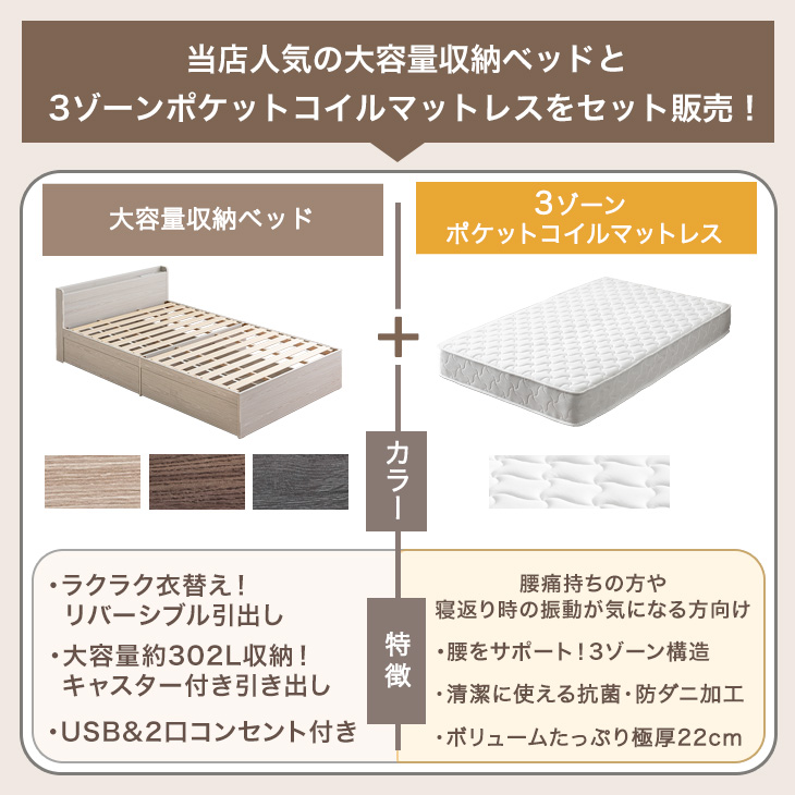 コイルマットレス付き セミダブル ベッド ストーングレー クイーン（SSSサイズ2枚組）】【エコノミー】ポケットコイルマットレス ds-2499917 ベッドフレーム