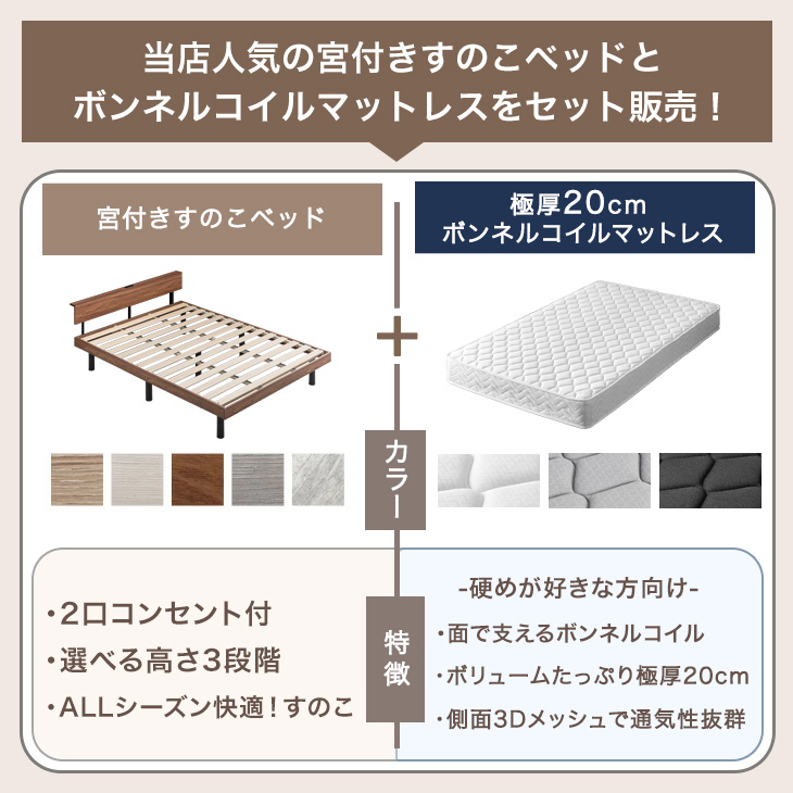 ベッド マットレス付き 極厚20cm ボンネルコイル シングルベッド 3段階 高さ調整 シングル すのこベッド コンセント付き 宮付き マットレスセット 関連画像1