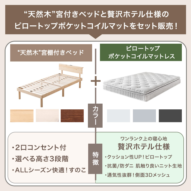 タンスのゲン 15日+5% ベッド マットレス付き ピロートップ ポケット