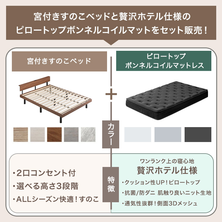 タンスのゲン 本日+5% セミダブルベッド マットレス付 ピロートップ