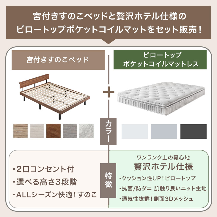 【セミダブル】【超高密度ハイグレードポケットコイル】 すのこ タンスのゲン ベッド マットレス付き 超高密度 ポケットコイル