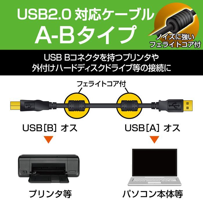 エレコム U2C-BF30BK USB2.0ケーブル A-Bタイプ フェライトコア付 3m ブラック