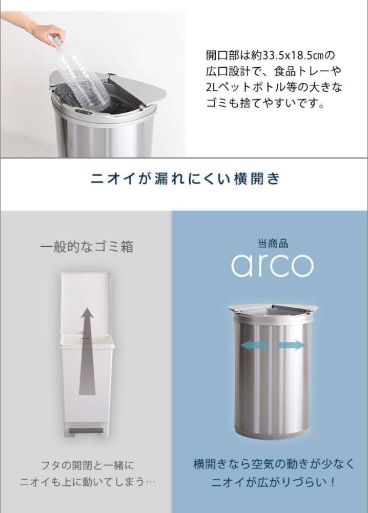 ホームテイスト ARCO-TU 横開きステンレス自動開閉ゴミ箱【arco