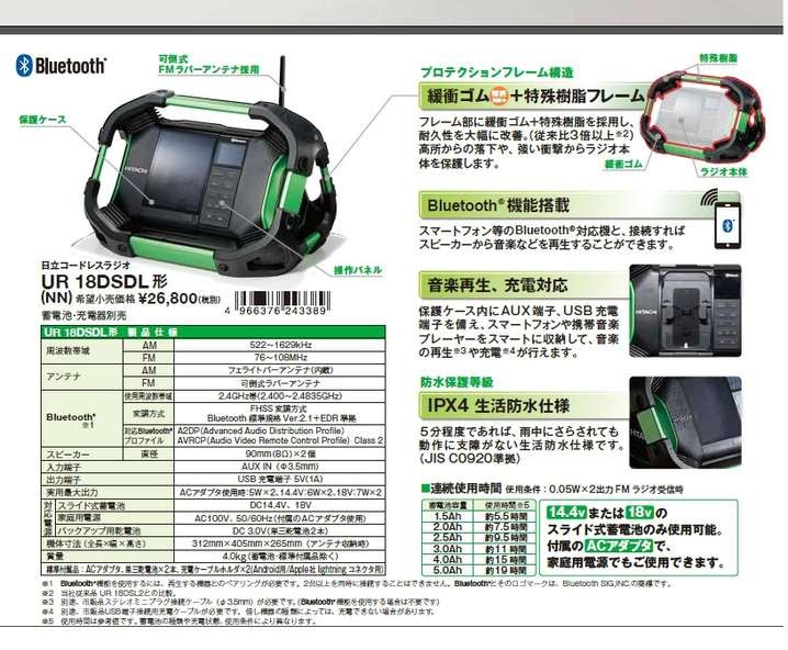 HiKOKI（日立工機） UR18DSDL(NN) BluetoothR 対応 コードレスラジオ